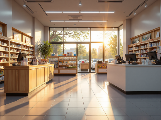 现代化零售商场内部场景，顾客购物，商品陈列整齐的货架